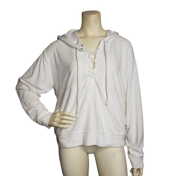 VICTORIA'S SECRET PINK White Terry Lace Up Hoodie Top Size Large - Picture 5 of 5